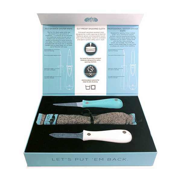 Toadfish Shucker's Bundle - Teal Oyster Knife, White Oyster Knife, Shucking Cloth